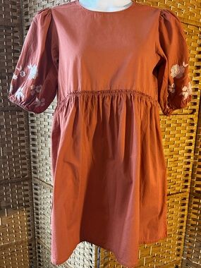 Rust Orange Embroidered Puff Sleeve Dress Boho Cottagecore Babydoll Size M/L